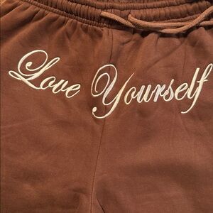 Phora Yours Truly. Love Yourself Brown Sweatpants Small Embroidered New